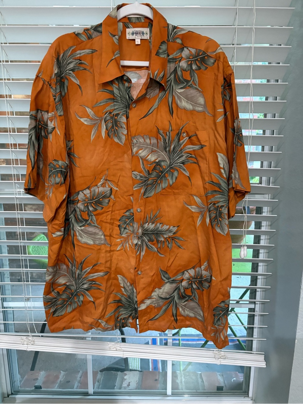 Campia Moda Hawaiian Button Up Short Sleeve Orange Palm Leaf Shirt Mens XL